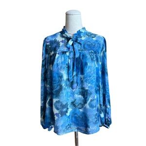 LoveShackFancy Gamela Blue Watercolor Print Tie Neck Peasant Silk Top Blouse XS